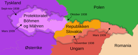 Kartskisse over oppdelingen av Tsjekkoslovakia etter Münchenavtalen og tysk kontroll med resten av landet