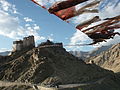 Drapeaux de prières reliant les deux sommets du Peak of Victory au-dessus de Leh, au Ladakh (Inde).