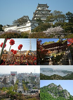 Ylhäältä vasemmalta: Himejin linna, Nadan taistelufestivaali, Engyō-ji, näkymä kaupunkiin linnalta, Ieshima, Seppikovuori.