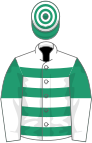 White and emerald green hoops, emerald green and white halved sleeves, emerald green and white hooped cap