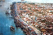 サントス。ブラジルの港湾都市（1900年ころの絵画）。2020年時点で人口は約43万人。「サンパウロ都市圏」に含まれる。