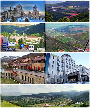 Tsaghkadzor City landmarks Panoramic view of Tsaghkadzor Tsaghkadzor Ski run and Ropeway • the Ropeway in summer Kecharis Monastery • Tsaghkadzor Sport Complex