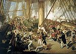 Slaget vid Trafalgar: Lord Nelson ligger skjuten på fartyget Victorys däck.