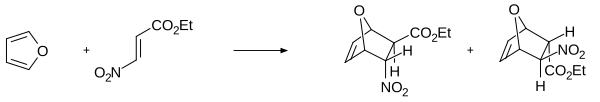 Diels-alderreactie met furaan als de dieenverbinding. Door het elektronenrijke karakter van deze heteroaromaten ondergaan ze zeer vlot een elektrofiele aromatische substitutie.