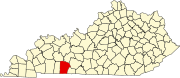 Harta statului Kentucky indicând comitatul Logan