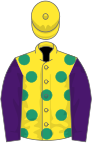 Yellow, emerald green spots, purple sleeves, yellow cap