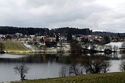 View of Chaloupky across Záskalská Reservoir