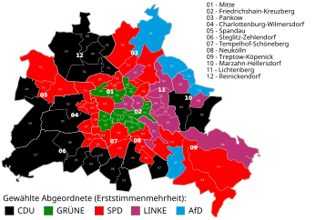 Direktevalgte kandidater. Svart: CDU, grønt: De grønne, rødt: SPD, fiolett: Die Linke, blått: AfD