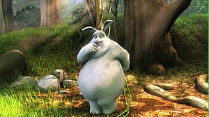 The titular lead character of the film "Big Buck Bunny" in forest.