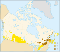 Map of Canada with English speakers and French speakers at a percentage