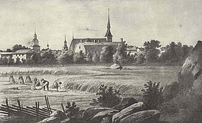 Pyhän Marian kirkko, Triviaalikoulu ja kellotapuli Vanhassa Vaasassa 1840-luvulta. Piirros: Johan Knutson.