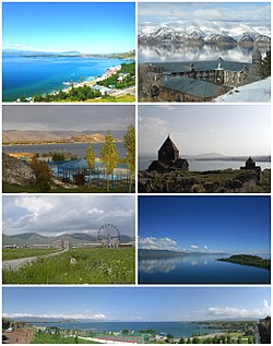 Da esquerda à direita e de cima para baixo: Parque Nacional de Sevã, Academia Teológica Vaskenian, ilha de Sevã, Mosteiro de Sevã, Perfil de Sevã, lago Sevã, vista panorâmica da praia de Sevã