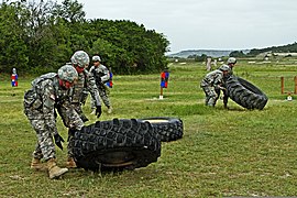 U.S. Soldiers assigned to Bravo Troop, 1st Squadron, 7th Cavalry Regiment, 1st Brigade Combat Team, 1st Cavalry Division, flip tires between firing stations during a stress under fire simulation of the fifth 130723-A-HL390-202.jpg