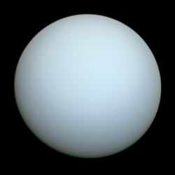 Fotografia d'Uranus presa au moment dau passatge de Voyager 2, 16 de decembre de 1986.