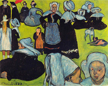 Émile Bernard: Bretonske kvinder på engen,  august 1888. Bernard udvekslede dette med Gauguin som bragte det til Arles efteråret 1888 da han slog sig sammen med Van Gogh, som blev begejstret for stilen. Van Gogh malede en kopi i akvarel for at fortælle sin bror Theo om den.