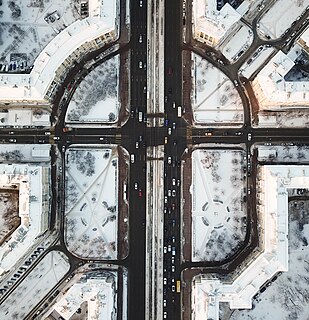 Aerial view to Brothers Strugatsky square, Saint Petersburg, Russia.