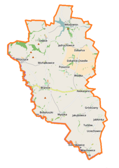 Mapa konturowa gminy Branice, blisko centrum na prawo znajduje się punkt z opisem „Niekazanice”