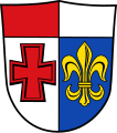Landkreis Augsburg Unter von Rot und Silber gespaltenem Schildhaupt, gespalten von Silber und Blau, vorne ein rotes Ulrichskreuz, hinten eine goldene Lilie.