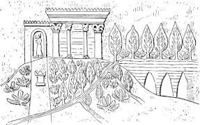 Representación de los jardines reales de Nínive, a partir de un bajorrelieve del palacio de Senaquerib.