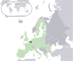 Lokasi  Belgium  (hijau gelap) – di Eropah  (hijau terang & kelabu gelap) – di Kesatuan Eropah  (hijau terang)