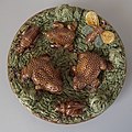 Coloured glazes palissy majolica toads and pond life wall plate, c. 1890