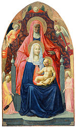 Peinture représentant une femme debout, une femme assise et un bébé, les uns situés derrière les autres.