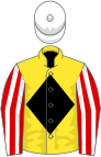 Yellow, black diamond, red and white striped sleeves, white cap