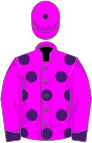 Fuchsia, purple spots on body, purple cuffs and bobble on cap