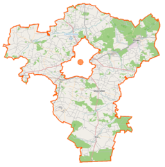 Mapa konturowa powiatu radomskiego, blisko dolnej krawiędzi znajduje się punkt z opisem „Marcule”