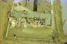 Aerial photograph of a damaged post office
