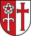 Gemeinde Kutzenhausen Gespalten von Rot und Silber; vorne eine gefüllte silberne Rose mit Stiel und rotem Butzen, hinten ein schwebendes rotes Kreuz.