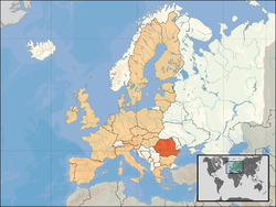 Location of  Romania  (orange) – on the European continent  (camel & white) – in the European Union  (camel)                  [Legend]