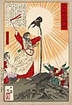 「神武天皇」 『日本書紀』における神武東征の一場面。神武天皇が携える弓の先にまばゆく輝く金鵄が留まり、それを目の当たりにした敵兵ども（右下）は怖れおののいている。1880年（明治13年）に刊行。