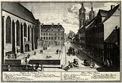 Blick in die Johannisstraße nach Osten, links die Südfassade Universitätskirche (Paulinerkirche) mit davor dem zum Schmuckplatz ungestalteten ehemaligen Friedhof (Kupferstich von Georg Daniel Heumann, 1747)