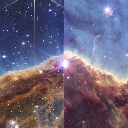 Vergleich von Details einer Nahinfrarotaufnahme des JWST 2022 (links) und einer sichtbares Licht abbildenden Hubble-Aufnahme veröffentlicht 2008 (rechts).