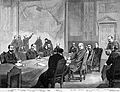 Berlin-konferansen i 1884–1885 hadde europeiske stormakter som deltakarar, og føretok ei oppdeling av koloniar i Afrika Teikning av: Adalbert von Rößler