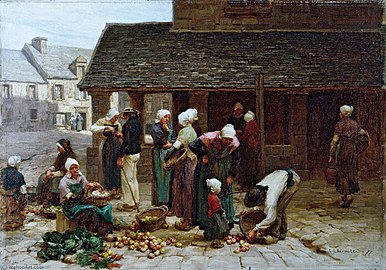 Marché lieu de Ploudalmézeau, Bretagne (1877), huile sur toile, Londres, Victoria and Albert Museum.