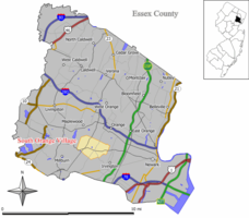 Map of South Orange Village in Essex County. Inset; Location of Essex County highlighted in the State of New Jersey.