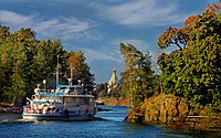 Saint Nicholas Skete on island Valaam on Ladoga lake and little ship