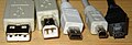 Diverse USB-1.0-/2.0-Stecker v. l. n. r.: Typ A, Typ B, Typ Mini-B 5-polig (standard­konform), Typ Miniatur-B 4-polig (Mitsumi), Typ Miniatur-B 4-polig (Aiptek)