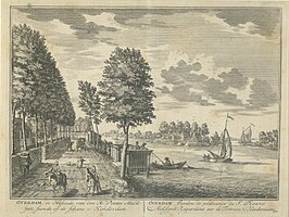 Tekening uit 1719 met schans Hinderdam op achtergrond.