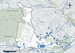 Carte en couleur présentant le réseau hydrographique de la commune