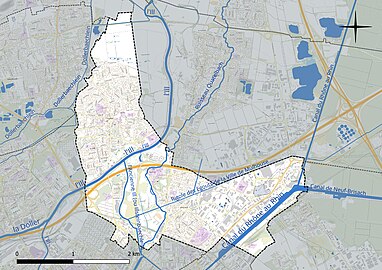 Carte en couleur présentant le réseau hydrographique de la commune