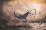 Peinture numérique représentant un Cretoxyrhina mantelli faisant une brèche pour attraper un ptéranodon.
