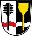 Gemeinde Rauhenebrach Gespalten von Silber und Schwarz, belegt mit einem gesenkten, von Rot und Silber gespaltenen Wellenbalken, vorne überdeckt von einem senkrechten schwarzen Krönel (= Steinhauerwerkzeug), hinten von einer senkrechten goldenen Holzschaufel