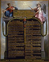Declaración de los Derechos del Hombre y del Ciudadano, 26 de agosto de 1789. Con una voluntad universalista e ilustrada, supuso una invitación a la extensión de las ideas revolucionarias a las demás naciones.