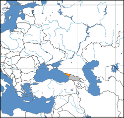 Vị trí của Abkhazia (cam) trên bản đồ Đông Âu phóng to cùng các lãnh thổ khác do Gruzia tuyên bố chủ quyền (xám).