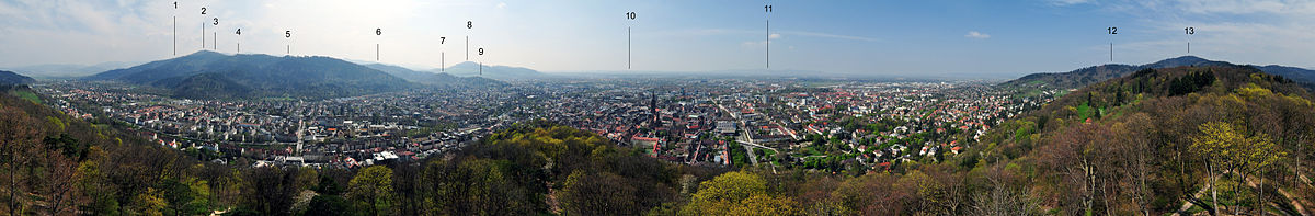 Panoramo de Freiburg vidita de la turo Schlossbergturm