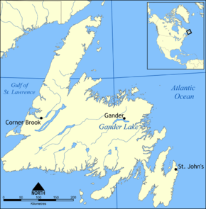 Расположение города на карте острова Ньюфаундленд