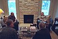 George W. Bush and Vladimir Putin by Limestone fireplace at Texas White House in Crawford Texas